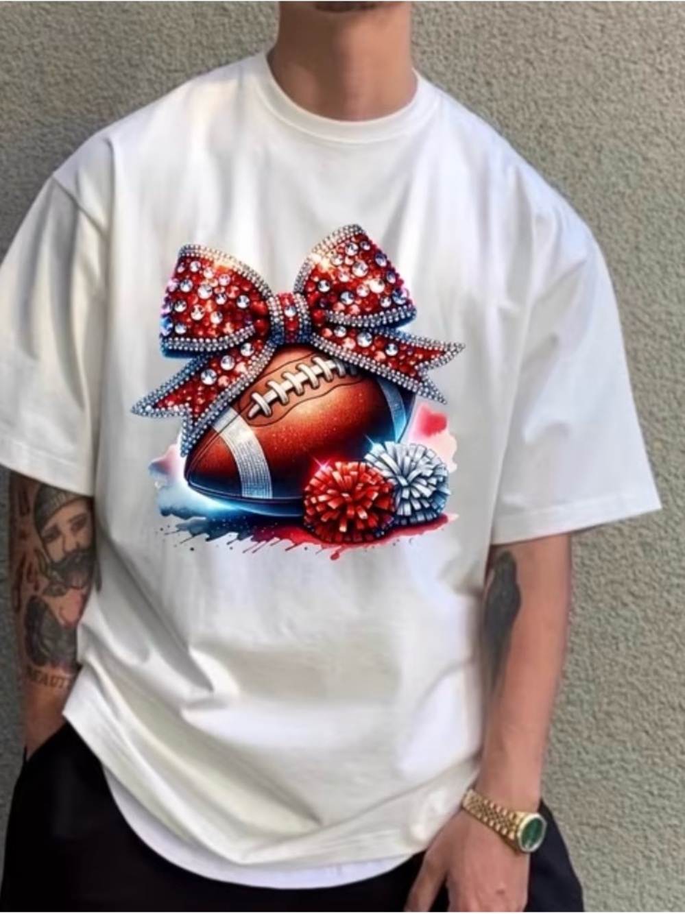 White Graphic Tee with Red & Blue Rhinestone Bow and Football - Picture 3 of 3
